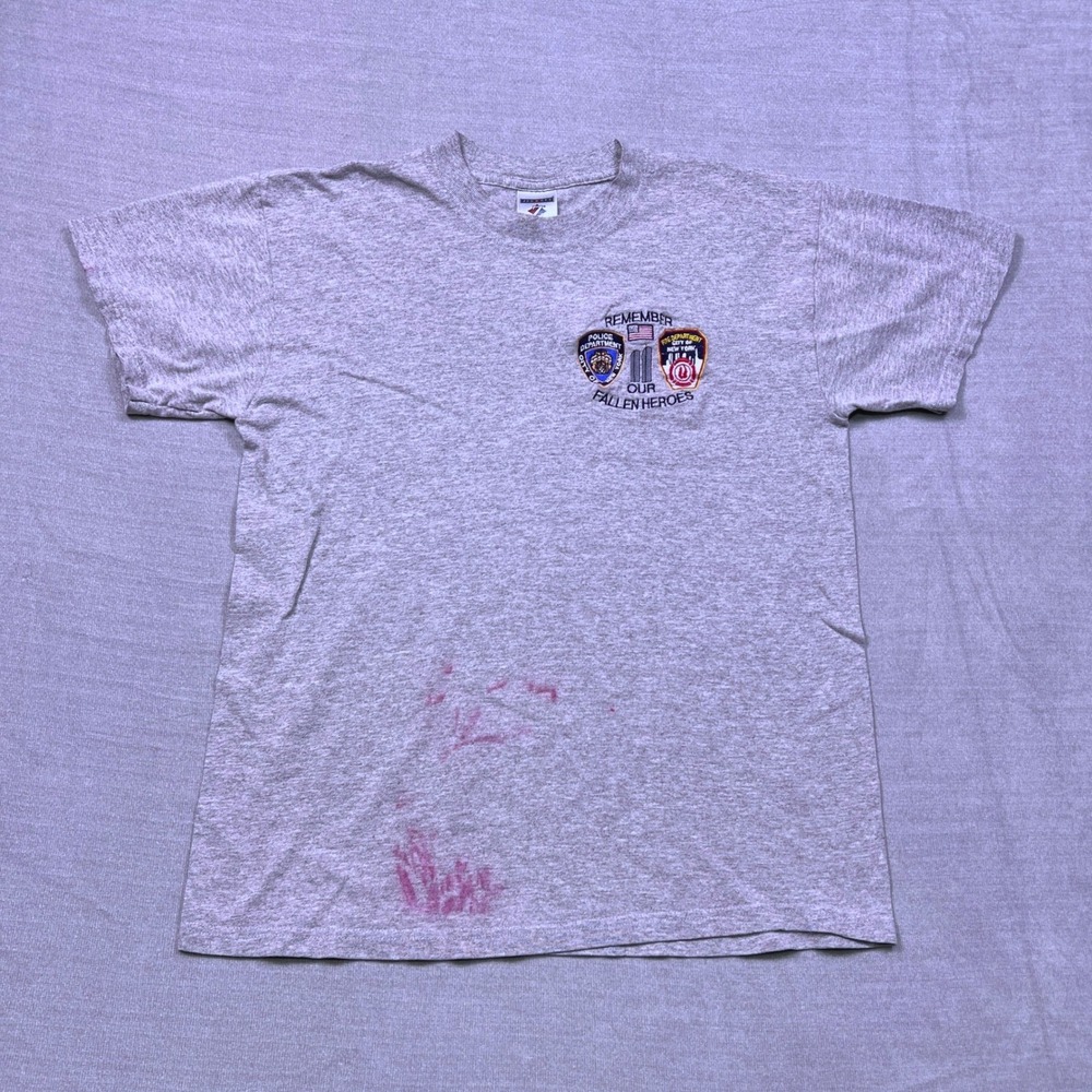 Jerzees Mens‎ Gray Remember Our Fallen Heroes NYC Police Fire T Shirt Size M